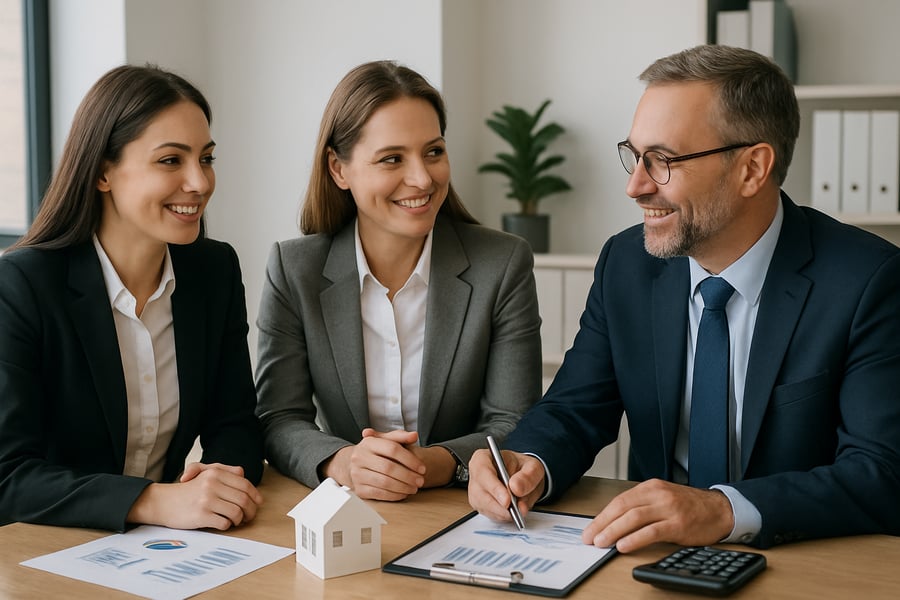 Real estate professionals discussing financial strategies with an advisor Real estate professionals discussing financial strategies with an advisor